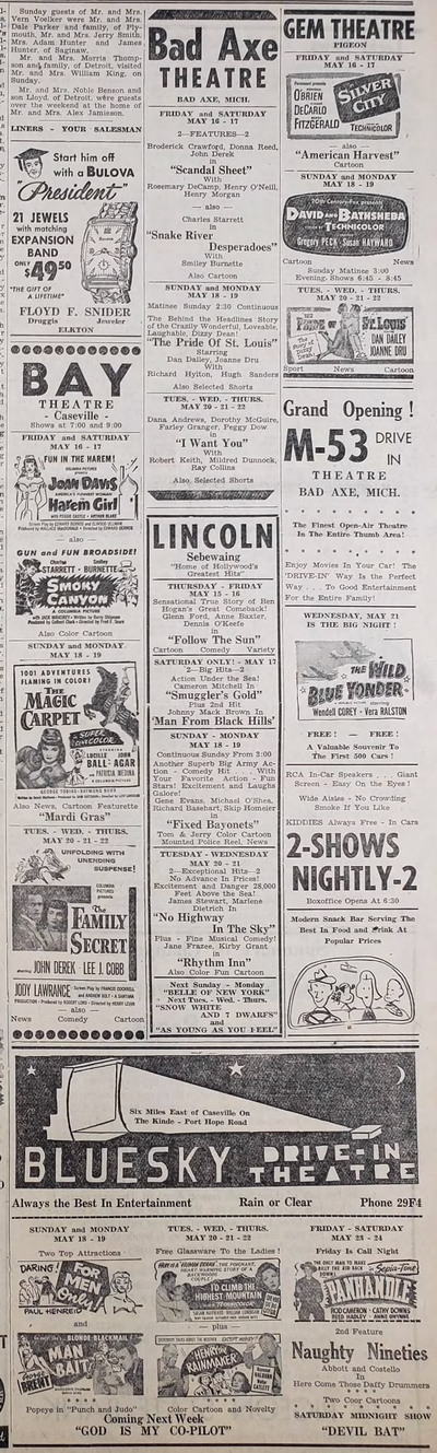 Pigeon Progress Fri May 16 1952 theater ads Blue Sky Drive-In Theatre, Caseville
